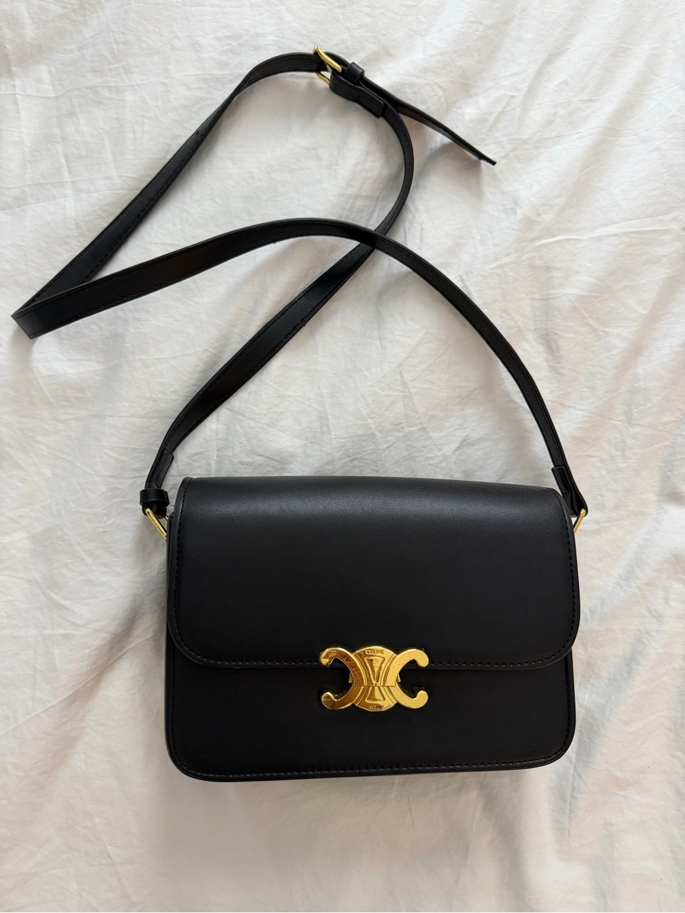 Celine Black Leather Triomphe Crossbody with Gold Hardware